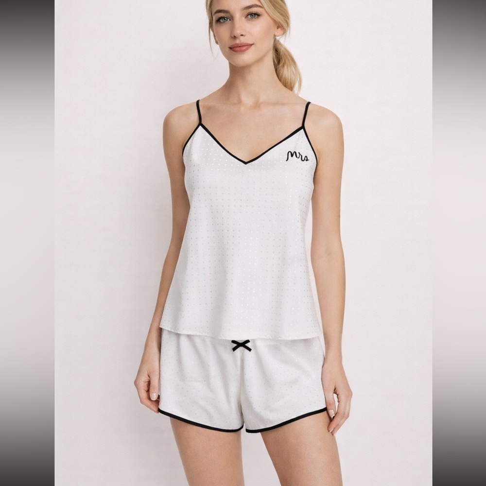 Kate Spade Small White Black Silky MRS Bride Bridal Shorts Tank  Pajama Set